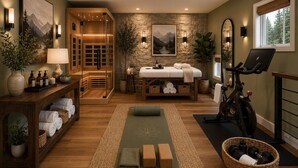 A spa room with a sauna, massage table, exercise bike, and various amenities. - Private Mountain Spa Escape – Hot tub, sauna, Peloton & firelit lounges! (Wintergreen Resort)