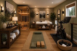 A spa room with a sauna, massage table, exercise bike, and various amenities. - Private Mountain Spa Escape – Hot tub, sauna, Peloton & firelit lounges! (Wintergreen Resort)