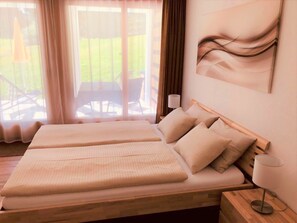 A hotel room with two beds, a view of the outdoors, and a painting on the wall. - Studio Haus Carmela Lenzerheide Appartement/Fewo, Dusche, WC by Interhome (Lenzerheide)
