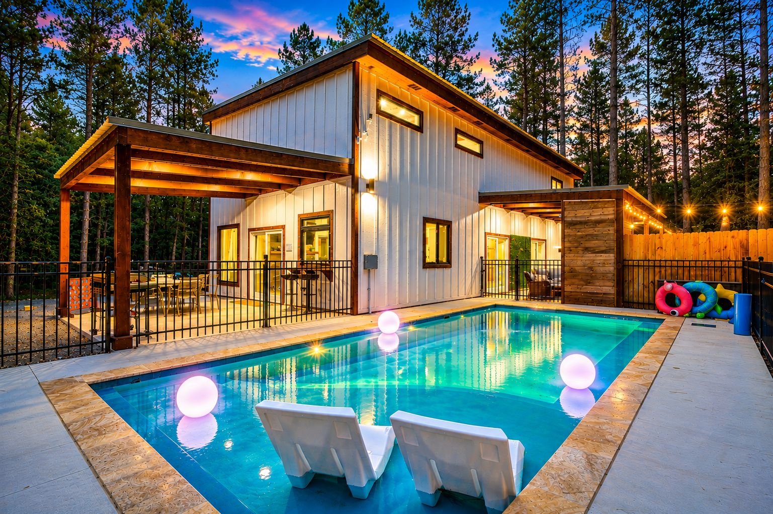 Una casa moderna con piscina, terraza de madera y un patio cubierto.