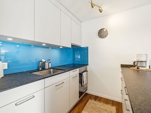 A modern kitchen with white cabinets, a blue backsplash, stainless steel appliances, and a coffee maker on the counter. - Nr.06 Haus Sursilvana Appartement/Fewo,   Nr.06 Haus Sursilvana by Interhome (Lenzerheide)
