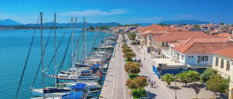 A marina with boats docked along a waterfront promenade, lined with buildings and trees.