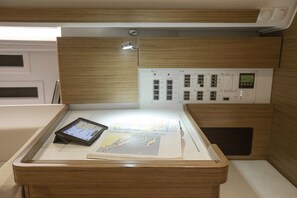 A control panel with multiple switches and a digital display, a tablet, and printed materials on a wooden surface.