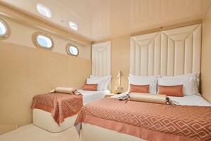 Ett hotellrum med två sängar, ett stort fönster och ett tak med runda takfönster.