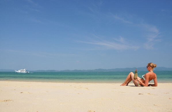 A beach with a boat in the water and a person sitting on the sand.