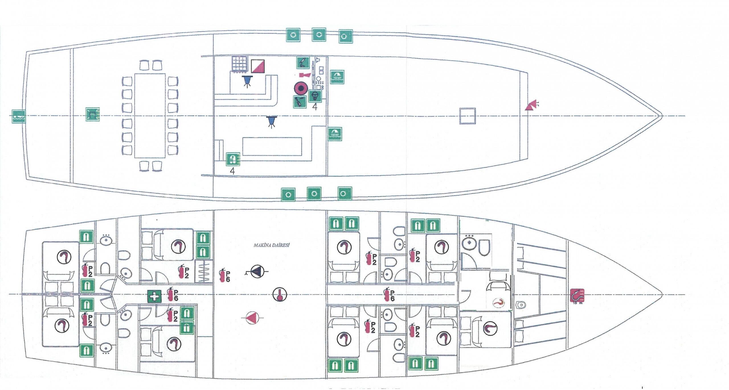 Plano detallado de un barco con varias cabinas, comedor y cocina.