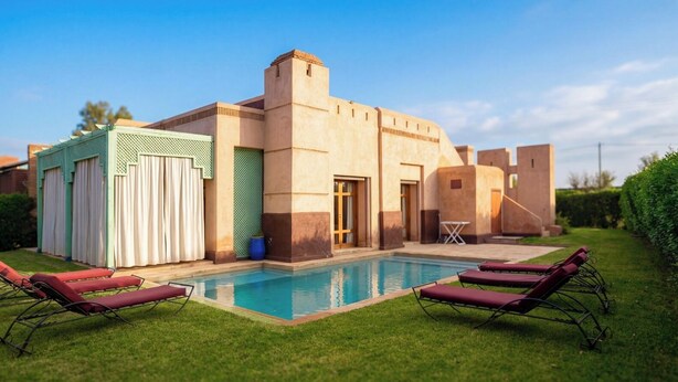 Une villa moderne dotée d’une piscine, d’un espace extérieur aménagé et d’un jardin bien entretenu.