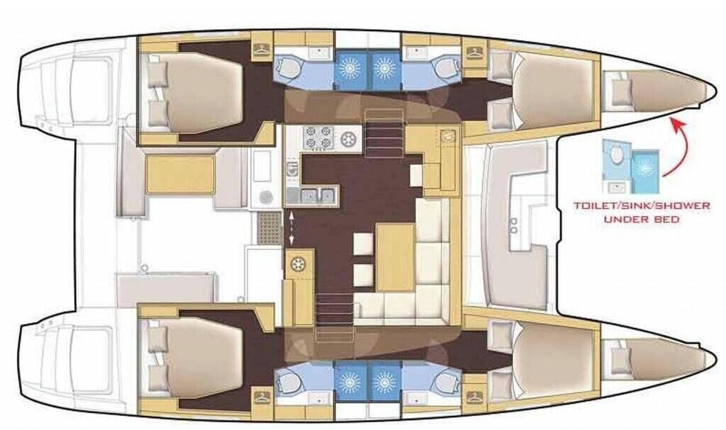 A boat interior layout with a central dining area, multiple cabins, and a toilet/sink/shower under the bed.