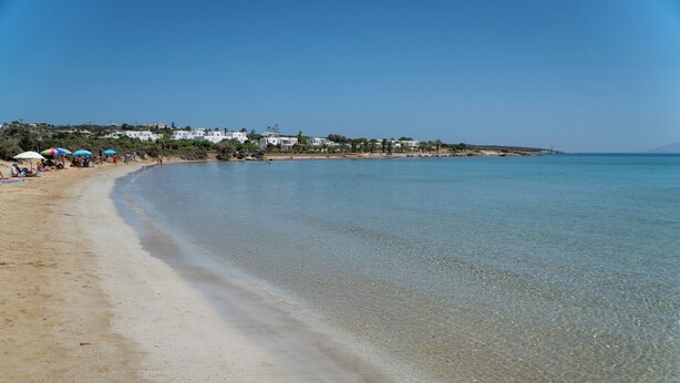 Ein Strand mit klarem Wasser, sandigem Ufer und Gebäuden im Hintergrund.