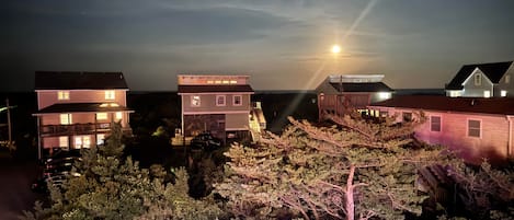 A residential area at night with houses, a visible moon, and a tree in the foreground.