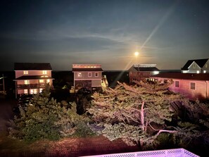 Una zona residencial de noche con casas, una luna visible y un árbol en primer plano.