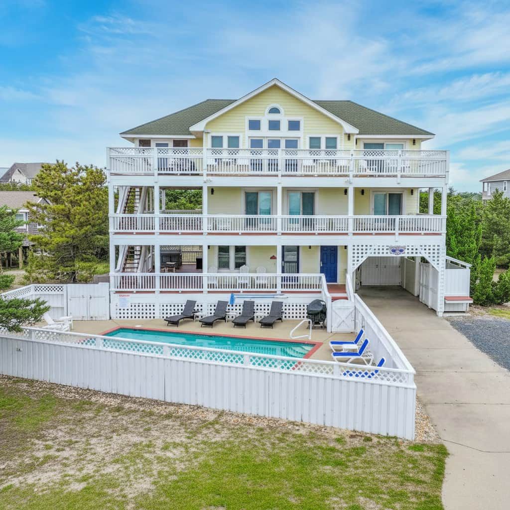 A two-story building with a pool and a covered patio area.