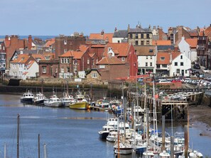 A harbor with boats docked, buildings with red roofs, and a sign reading 'Captain's Dock.'