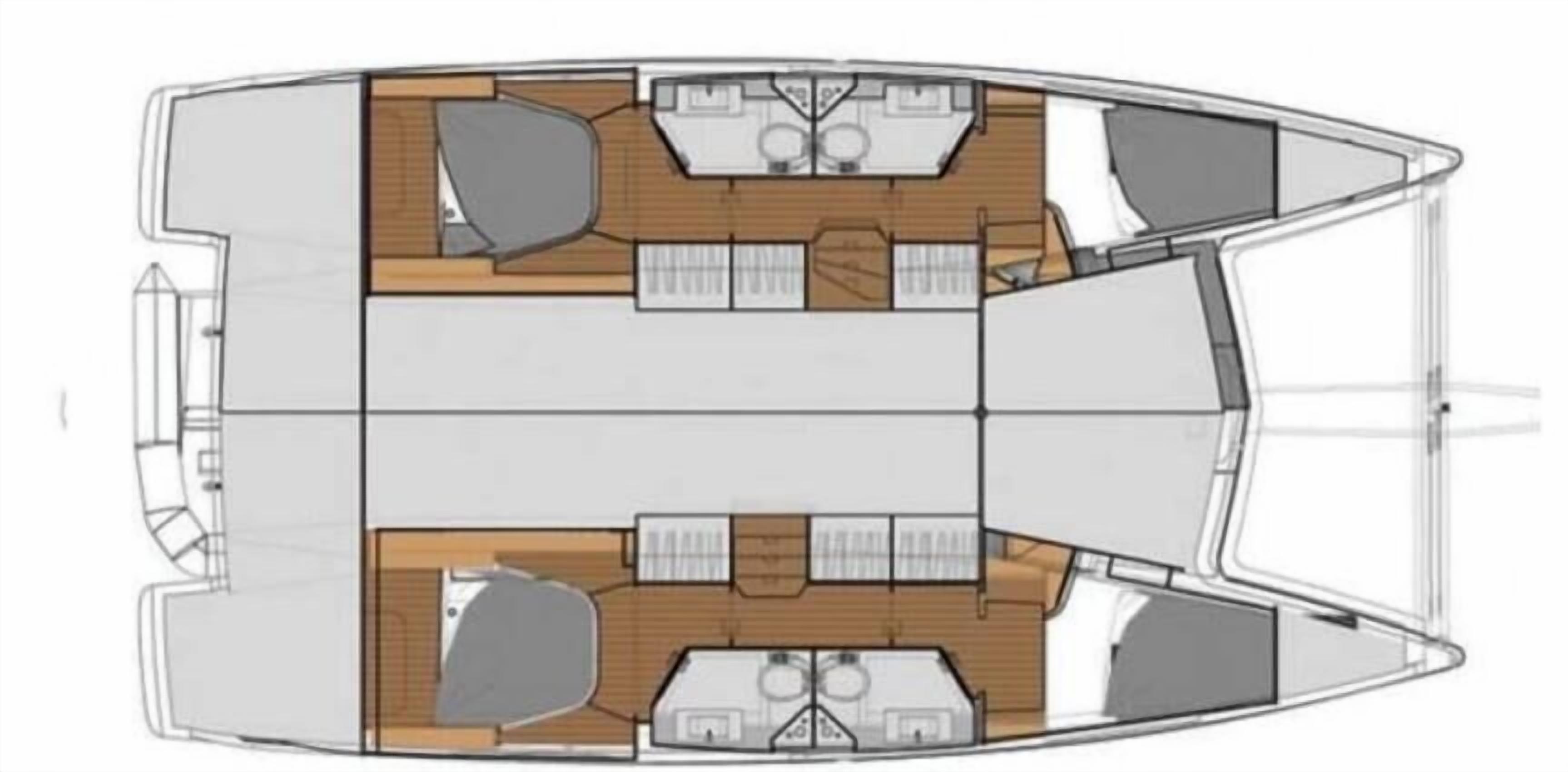L’aménagement du pont d’un bateau comprend des espaces pour s’asseoir, une cuisine et un coin repas.