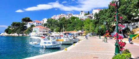 A coastal town with boats docked, a paved walkway, and buildings with red roofs.