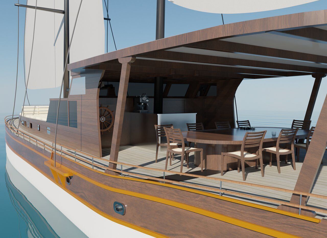 A modern boat with a dining area featuring a table and chairs, a steering wheel, and a control panel.