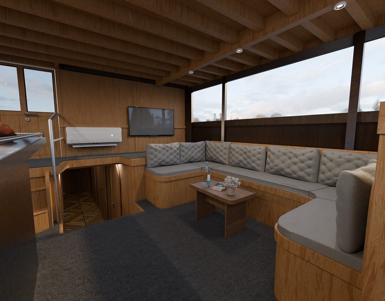 A modern interior with a wooden ceiling, a large window, a sofa, a table, and a flat-screen TV.