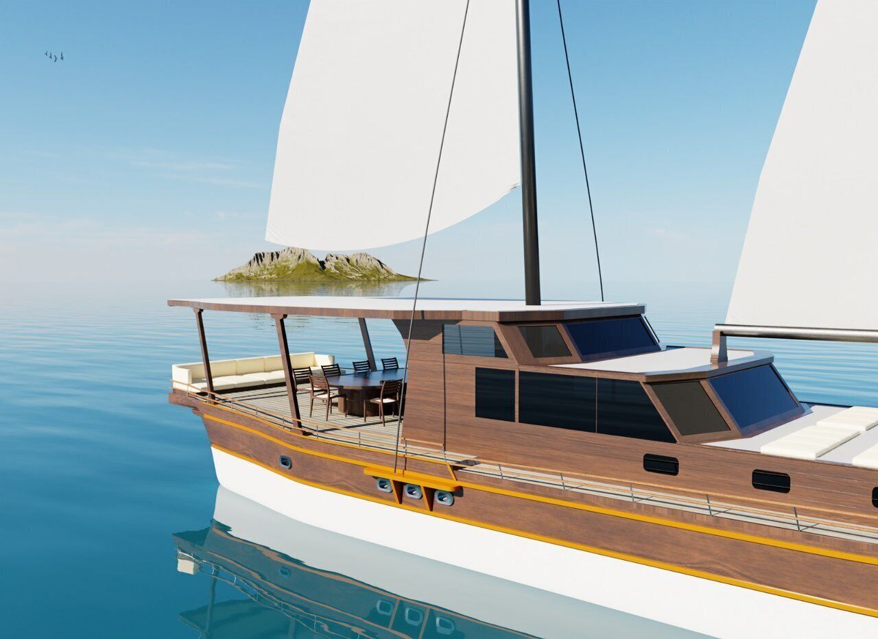 A yacht with a deck area featuring a table and chairs, a cabin with windows, and a sail.