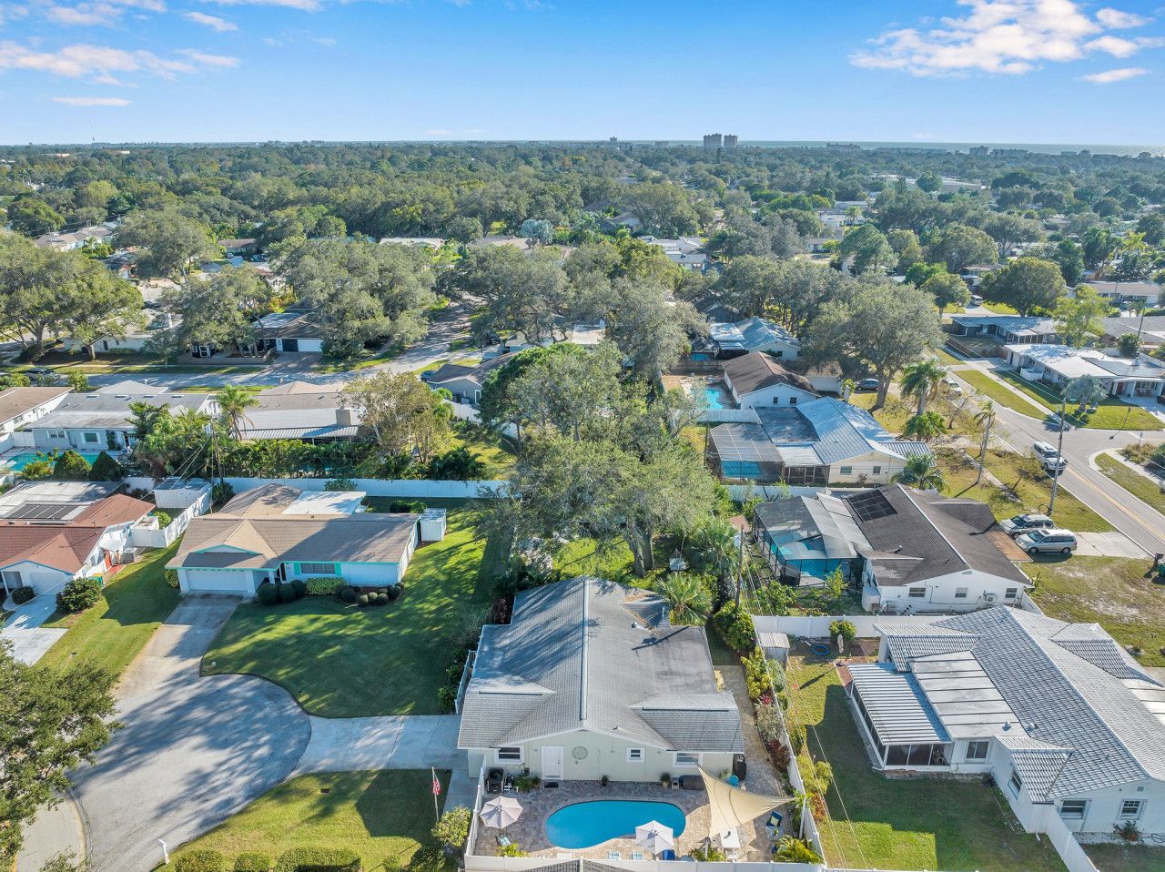 An aerial view of a residential area with houses, a swimming pool, and a large tree.