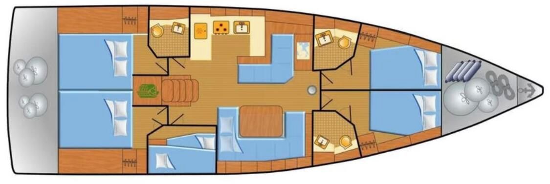 Interior de un barco con varias cabinas, comedor y cocina.