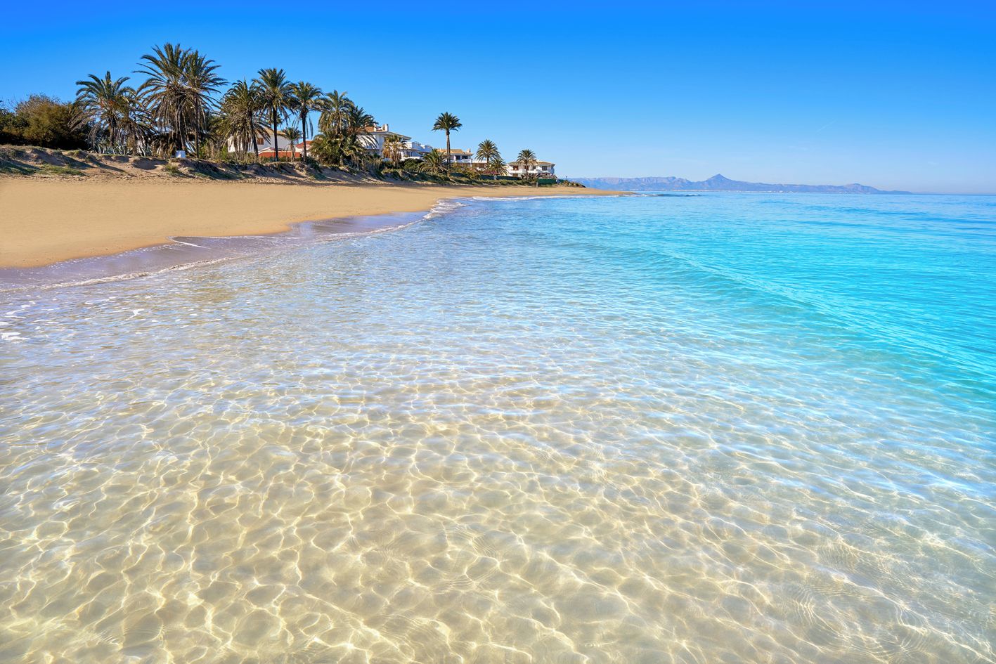 A beach with clear shallow waters, palm trees, and houses in the background.