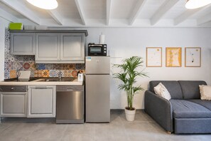 Eine moderne Küche mit Einbauofen, Kühlschrank und Geschirrspüler. Im Wohnbereich befindet sich ein graues Sofa und ein Blumentopf.