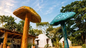 Un jardín con esculturas de hongos, una estructura en forma de cúpula blanca y un patio de ladrillo.