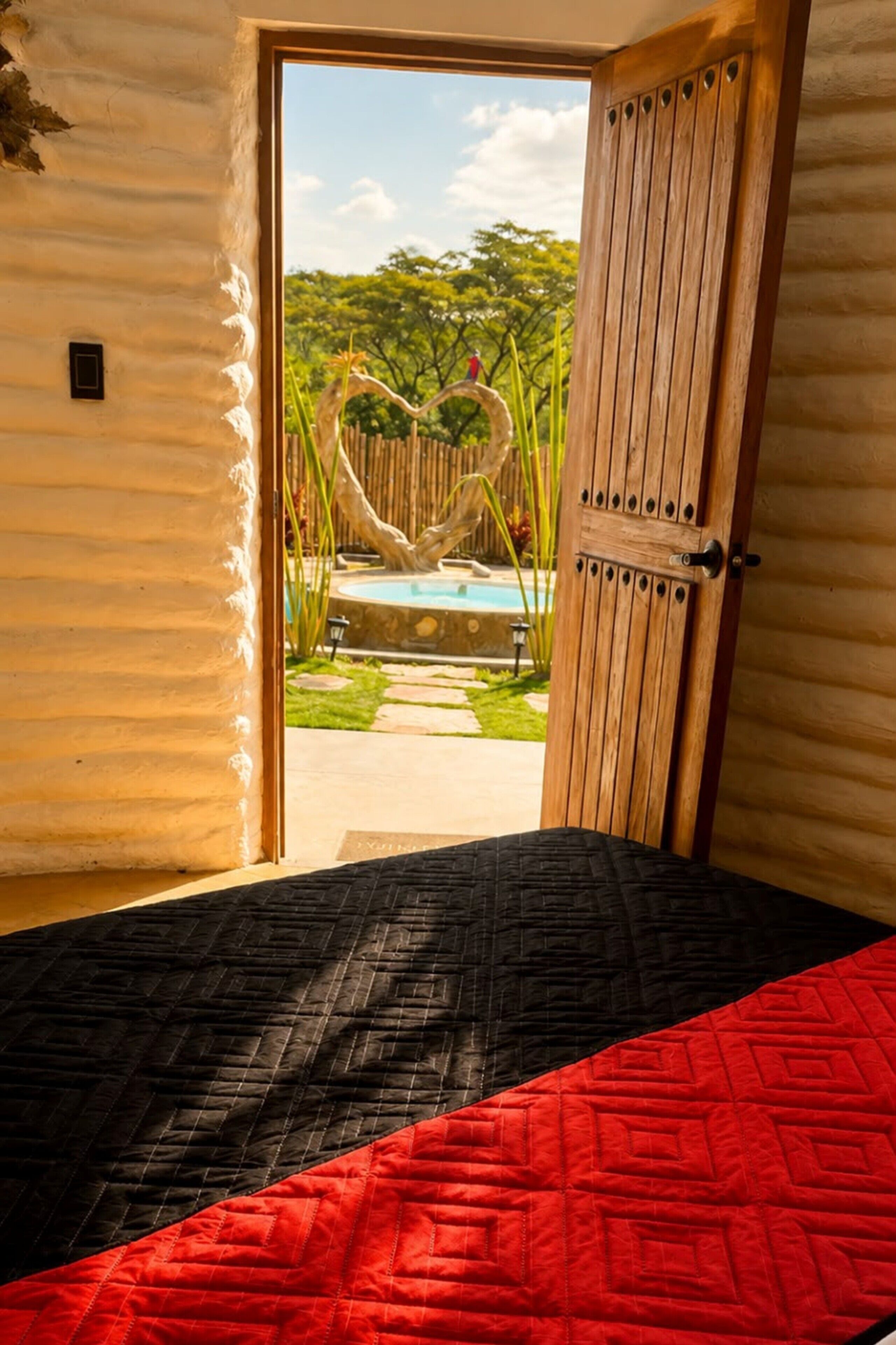A room with a bed, a wooden door leading to an outdoor area with a pool and greenery.