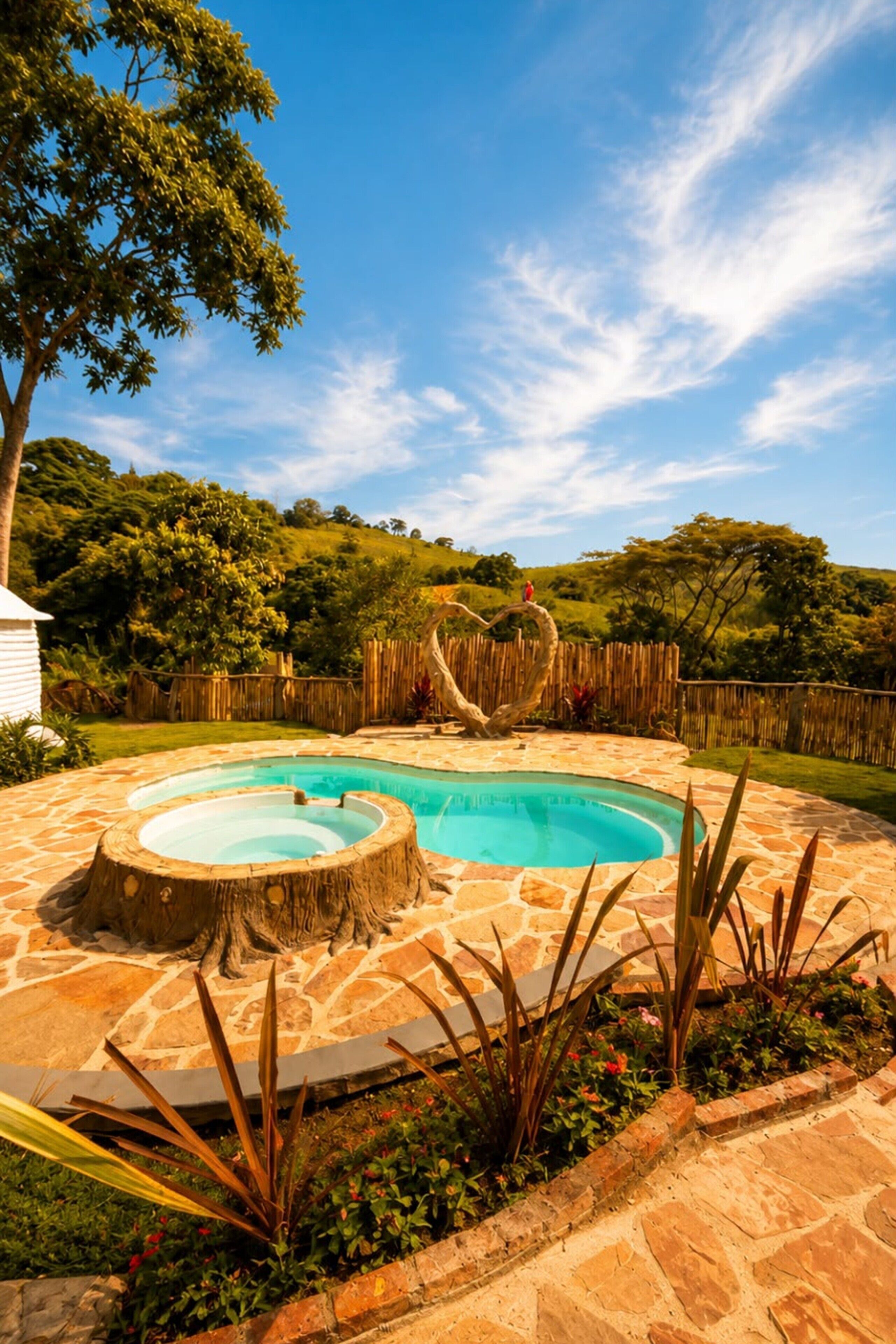 Una piscina con una escultura de madera con forma de corazón, rodeada de baldosas de piedra y plantas.