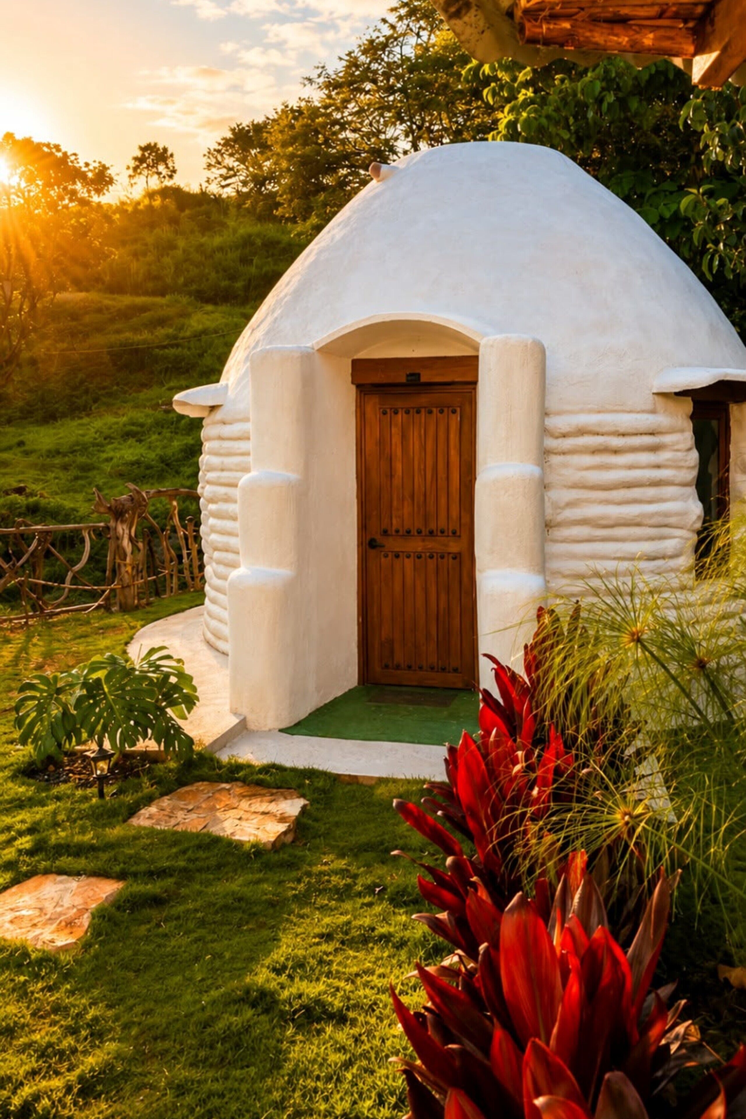 Une petite structure blanche, en forme de dôme, dotée d’une porte en bois, entourée d’une zone herbeuse avec des plantes et d’un sentier en pierre.