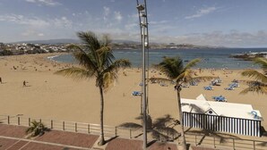 A beach with palm trees, a clear sky, and a view of the ocean. - GuestReady - 01D Livian Suites Ext 2pax (Las Palmas de Gran Canaria)