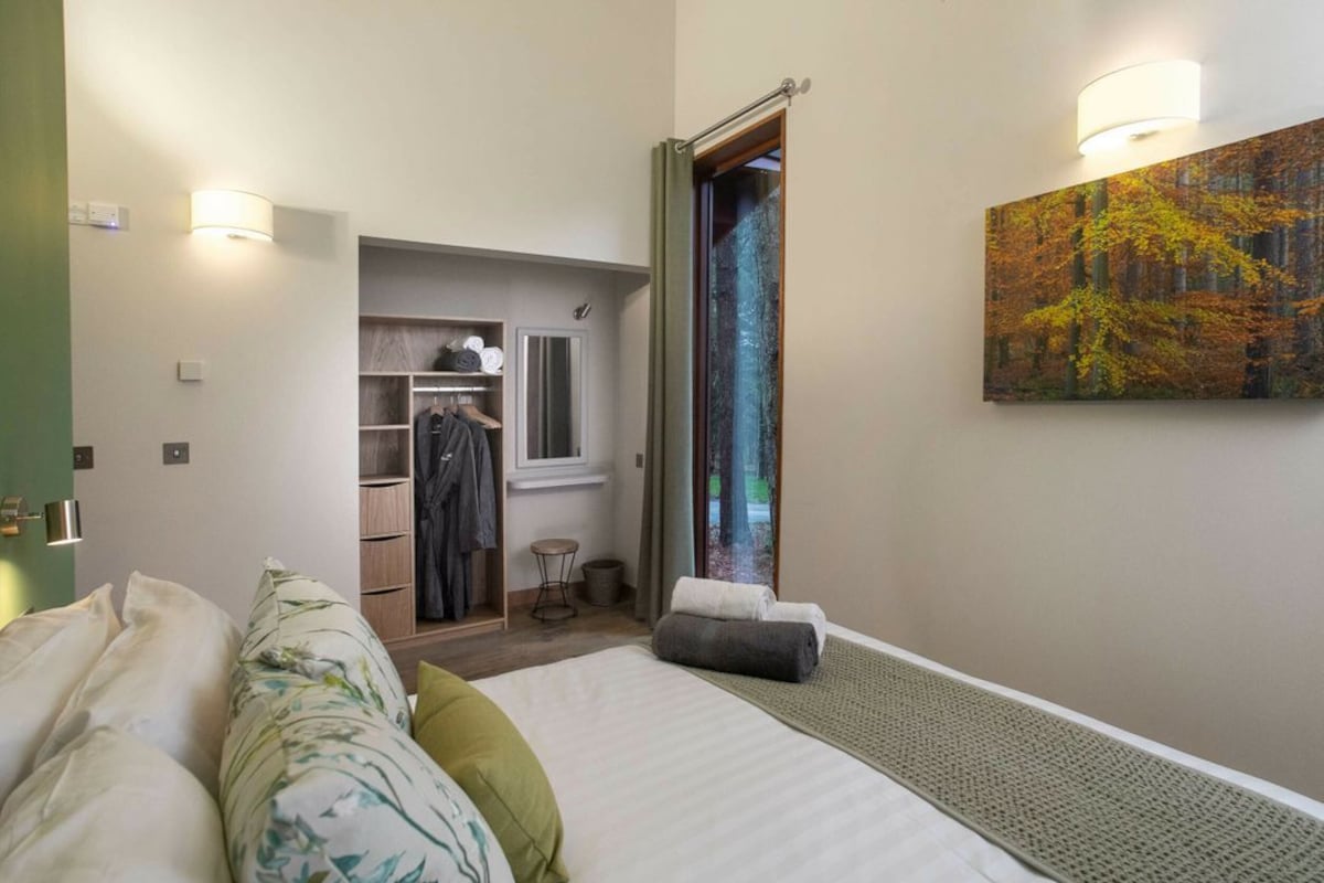 A bedroom with a bed, a walk-in closet, a painting, and a view of the outdoors.