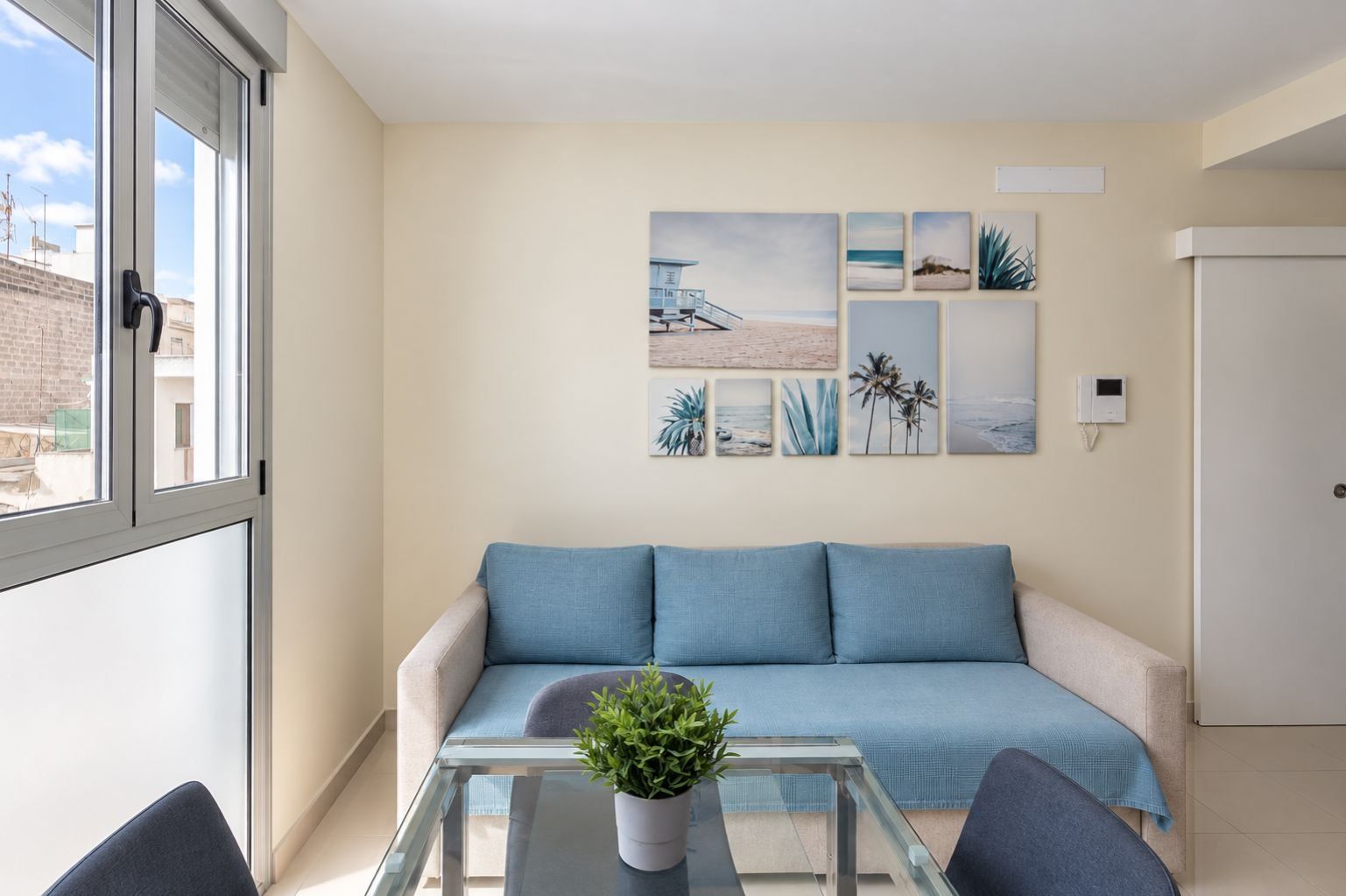 A living room with a sofa, a glass coffee table with a plant, and a wall with framed artwork.