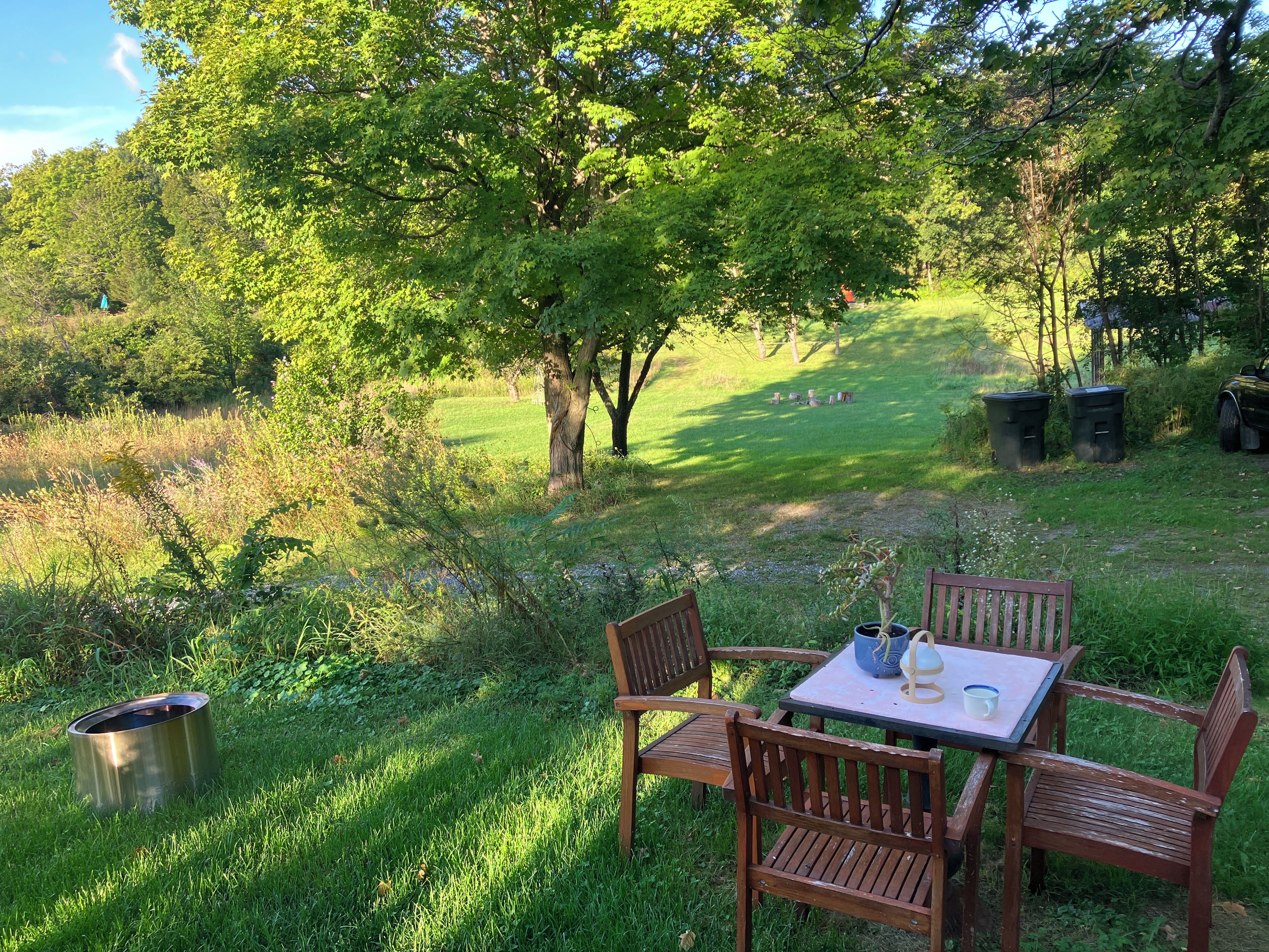 An outdoor seating area with a table and chairs, surrounded by greenery and trees.