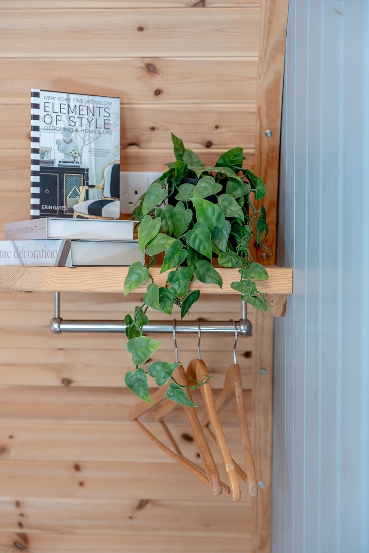 Ein Holzregal mit einem Buch mit dem Titel 'Elements of Style' und einem Blumentopf.