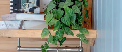 Ein Holzregal mit einem Buch mit dem Titel 'Elements of Style' und einem Blumentopf.