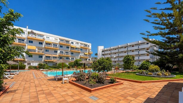 Un patio de hotel con piscina, tumbonas y zona ajardinada.