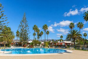 Ein Swimmingpool mit Palmen und wolkenlosem, blauem Himmel.