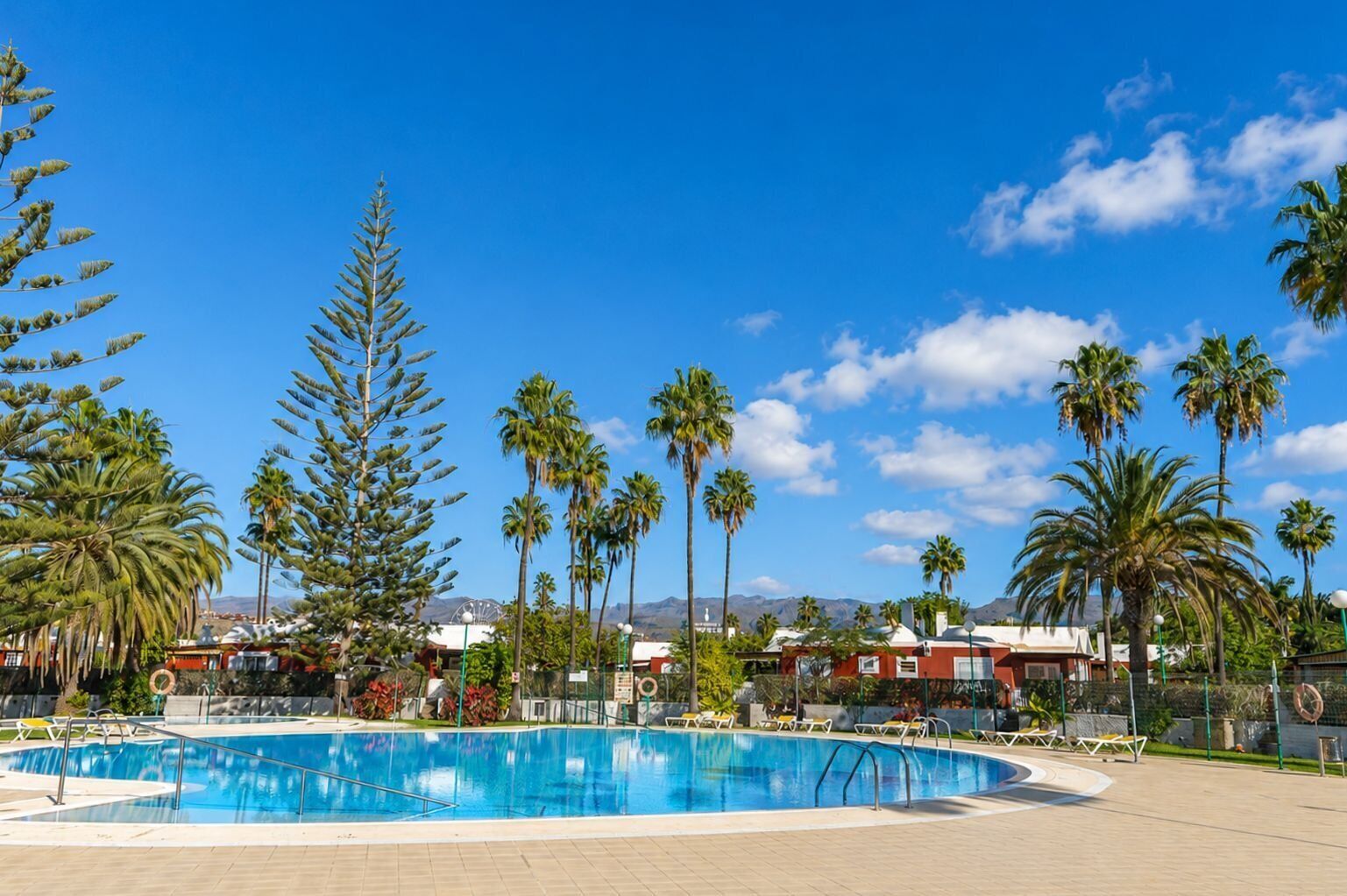 Una piscina con palmeras y un cielo azul despejado.