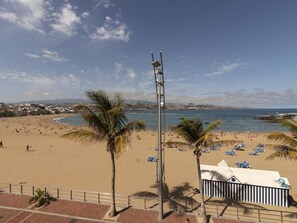 Ein Strand mit Palmen, einem klaren Himmel und Blick aufs Meer.