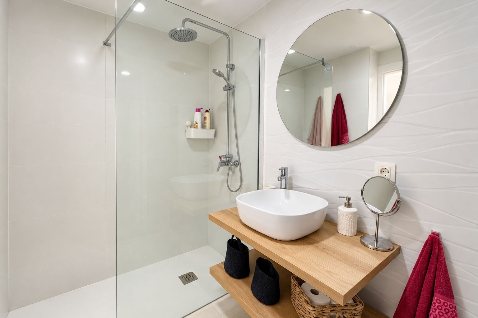 Une salle de bain moderne avec une douche à parois de verre, un lavabo blanc et un miroir rond.
