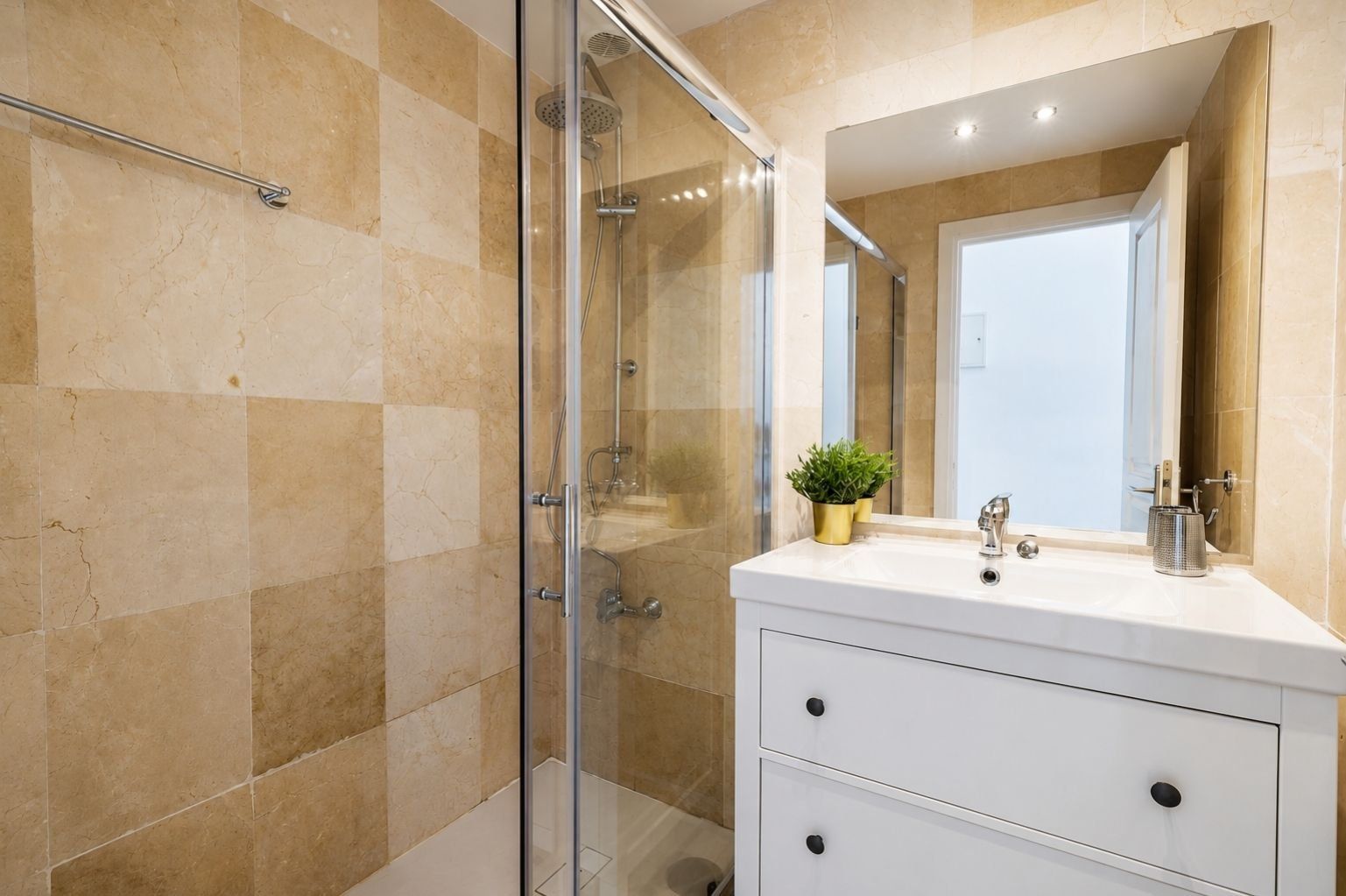 A bathroom with a glass shower enclosure, a white vanity with a mirror, and a potted plant on the vanity.