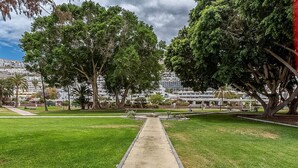 Ein Weg, der durch einen Park mit Bäumen und einem Gebäude im Hintergrund führt.