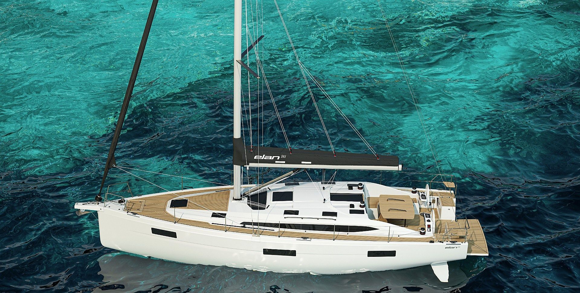A sailboat with a cabin, deck, and a name 'elan' visible on the side.