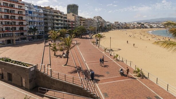 Un paseo marítimo junto a la playa con un camino de ladrillos, palmeras y una playa de arena.