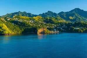 A coastal town with houses on a hillside overlooking a calm sea.