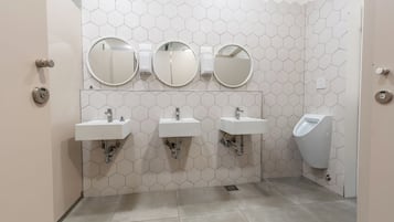 Shower, towels, soap, shampoo
