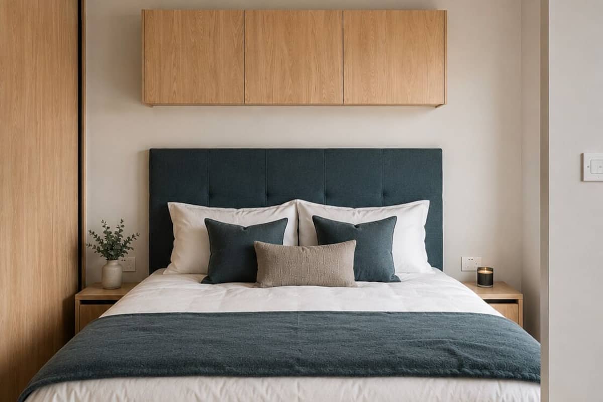 Premium bedding, memory foam beds, desk, laptop workspace