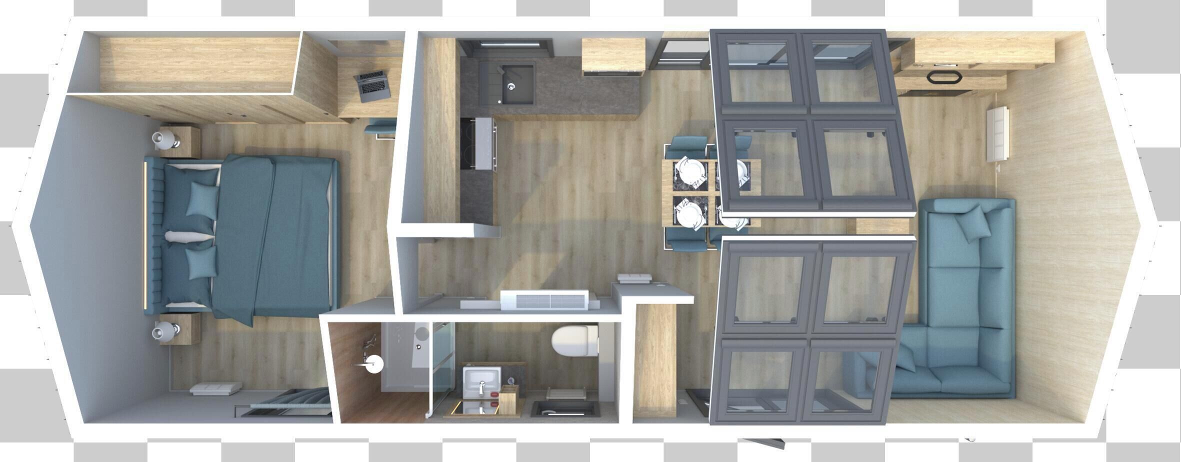 Een plattegrond van een compacte hotelkamer met een bed, een bureau, een kleine kitchenette en een zithoek.