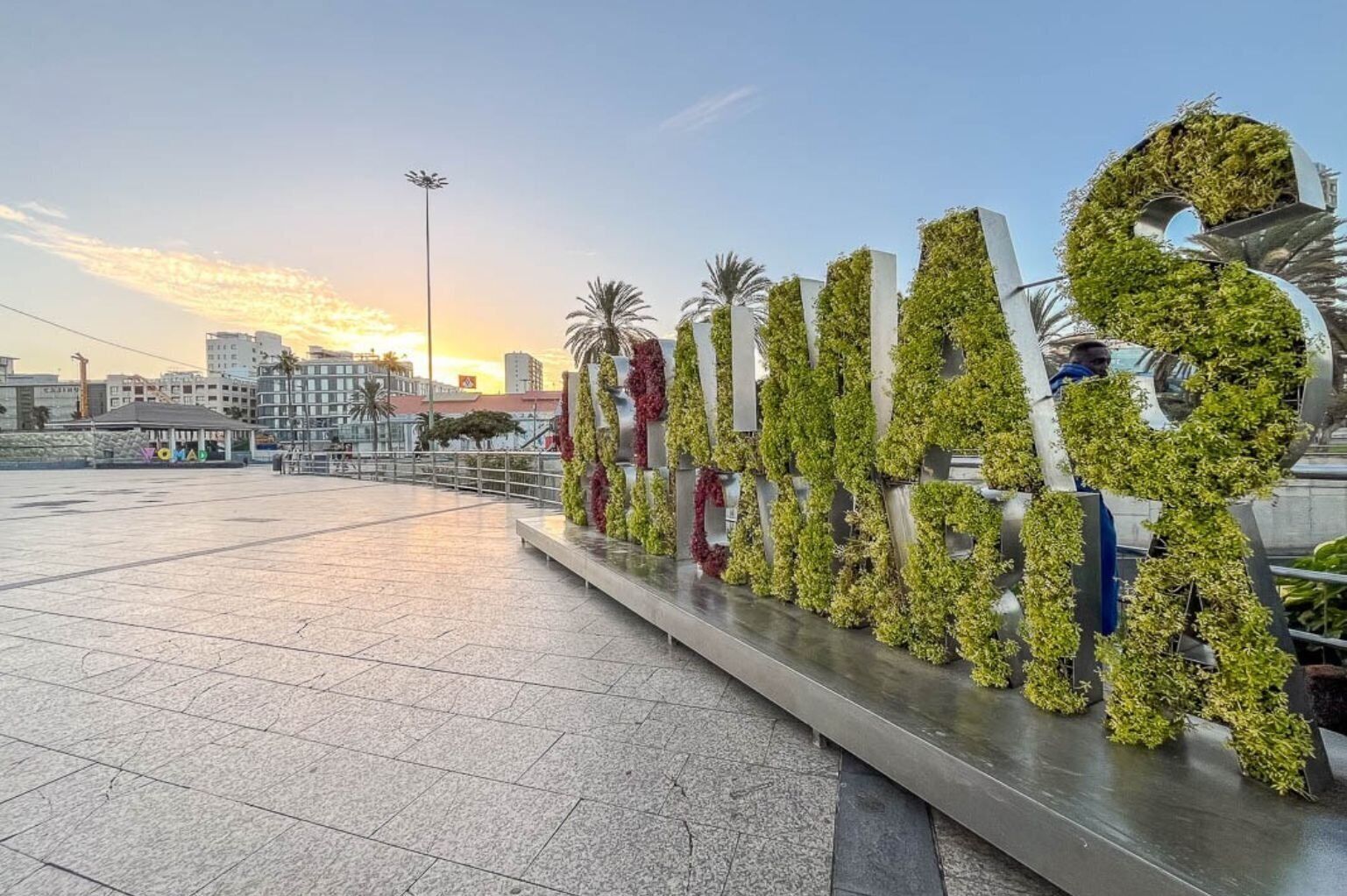 A large outdoor sign with greenery, a paved area, and buildings in the background.
